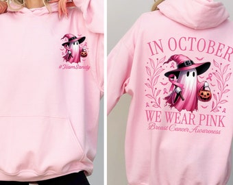 Custom In October We Wear Pink Halloween Hoodie,Cute Pink Ghost Hoodie,Personalized Breast Cancer Hoodie,Cute Cancer Awarennes Hoodie