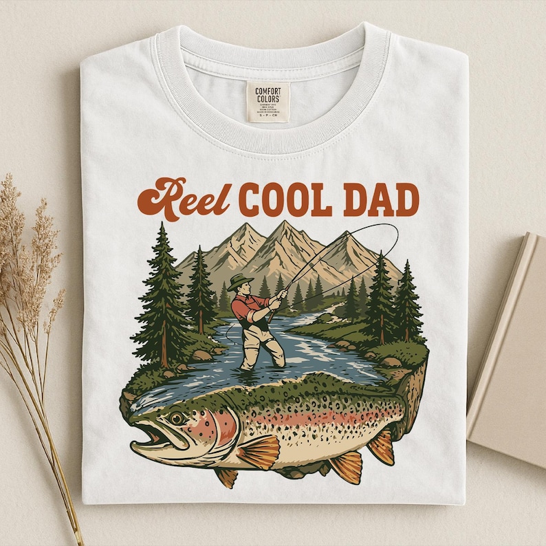 May include: White t-shirt with a graphic of a fisherman in a river, mountains, and a large fish. The text "Reel Cool Dad" is in brown script above the graphic. The shirt has a Comfort Colors tag.
