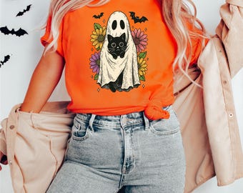 Retro Halloween Tee: Ghost & Black Cat Graphic, Spooky Costume Shirt
