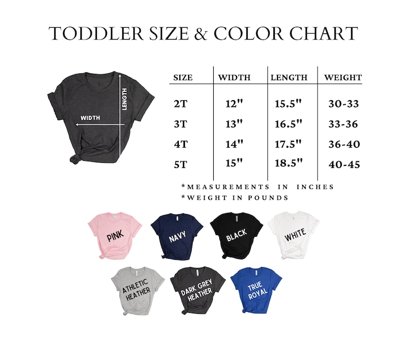 Op de afbeelding: Kleutermaattabel en kleurenkaart voor T-shirts. De tabel toont de breedte, lengte en gewichtsbereik voor maten 2T, 3T, 4T en 5T. De tabel toont ook de beschikbare kleuren: roze, marine, zwart, wit, atletisch grijs, donker grijs en koninklijk blauw.