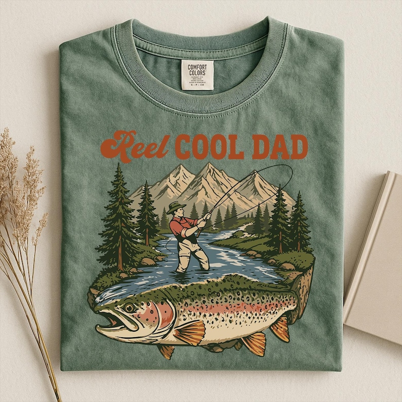 May include: Green t-shirt with the text "Reel Cool Dad" in orange. The graphic features a fisherman in a river, mountains, and a large fish. The shirt is a Comfort Colors brand.