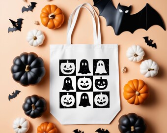 Checkered Halloween Tote Bag: Retro Pumpkin Plaid, Spooky Fall Carryall