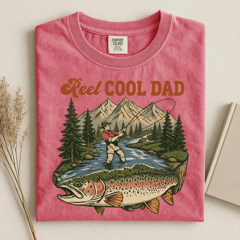 May include: Pink t-shirt with a graphic of a fisherman in a river, mountains, and a large trout. Text reads "Reel Cool Dad" in brown lettering. The shirt has a crew neck and a Comfort Colors tag.