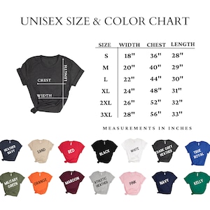 Op de afbeelding: Unisex maat- en kleurenkaart voor T-shirts. De kaart toont de afmetingen in inches voor breedte, borst en lengte voor de maten S, M, L, XL, 2XL en 3XL. De kaart toont ook 14 verschillende kleuropties voor de T-shirts.