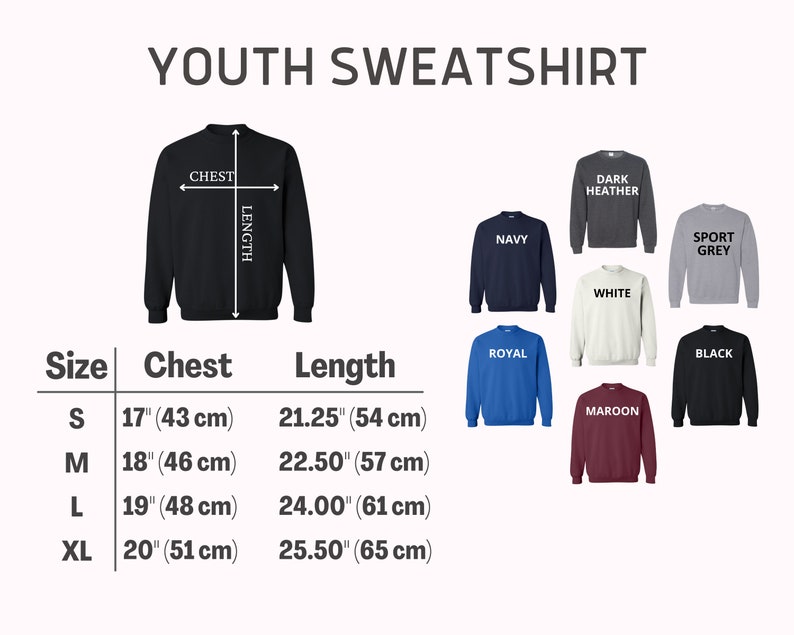 Puede incluir: Tabla de tallas de sudadera para j&oacute;venes con medidas en pulgadas y cent&iacute;metros. La tabla muestra las medidas de pecho y largo para las tallas S, M, L y XL. La tabla est&aacute; rodeada de im&aacute;genes de sudaderas en varios colores, incluyendo azul marino, azul real, gris oscuro jaspeado, blanco, granate, gris deportivo y negro.