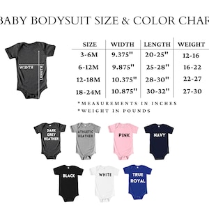 Op de afbeelding: Maattabel voor baby-rompers met afmetingen in inches en gewicht in ponden. De tabel toont verschillende maten van 3-6 maanden tot 18-24 maanden, met overeenkomstige breedte, lengte en gewichtsbereiken. De tabel bevat ook een verscheidenheid aan kleuren voor de rompers, waaronder donkergrijs heather, atletisch heather, roze, marine, zwart, wit en echt koninklijk.