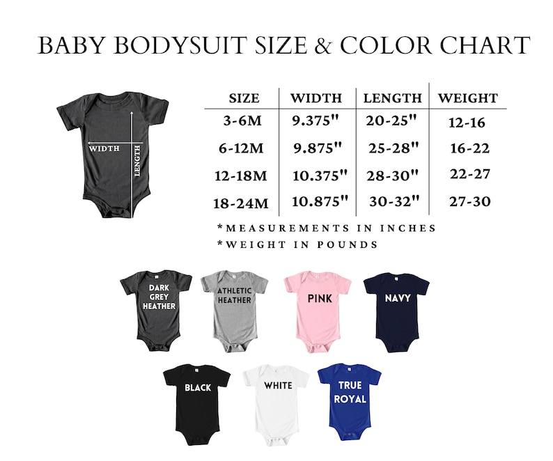 Op de afbeelding: Maattabel voor baby-rompers met afmetingen in inches en gewicht in ponden. De tabel toont verschillende maten van 3-6 maanden tot 18-24 maanden, met overeenkomstige breedte, lengte en gewichtsbereiken. De tabel bevat ook een verscheidenheid aan kleuren voor de rompers, waaronder donkergrijs heather, atletisch heather, roze, marine, zwart, wit en echt koninklijk.