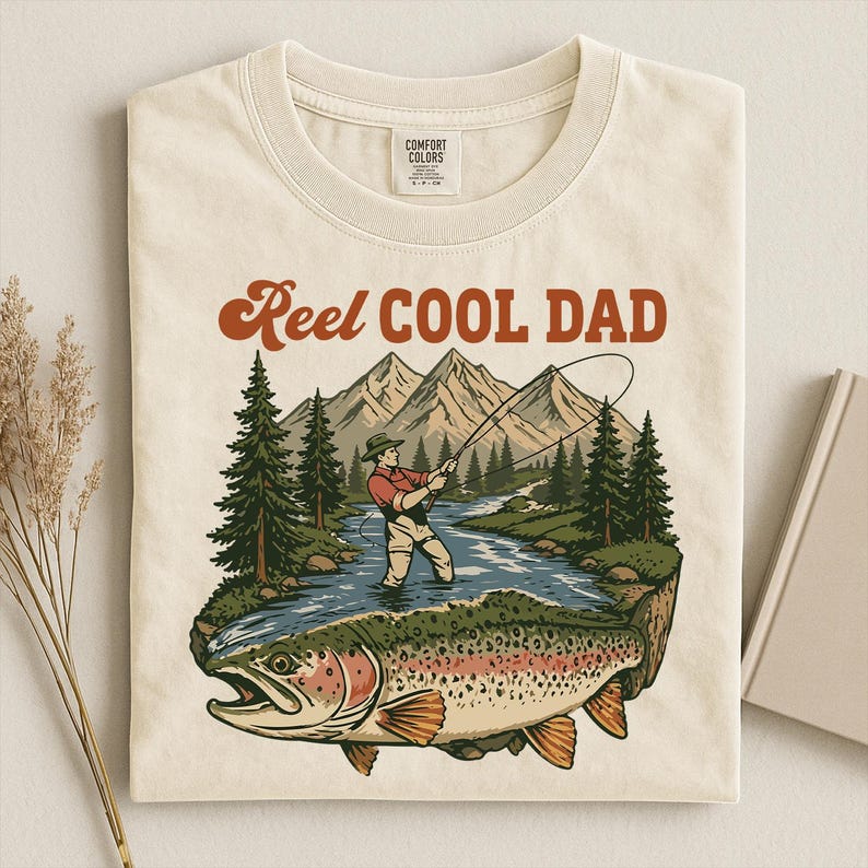 May include: Cream-colored t-shirt with a graphic featuring a fisherman in a river, mountains, and a large trout. The text "Reel Cool Dad" is in a retro font. The shirt has a Comfort Colors tag.