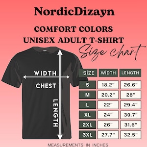 May include: Black unisex adult t-shirt with a size chart. The chart shows chest width and length measurements in inches for sizes S to 3XL. The brand name "NordicDizayn" is at the top, with "Comfort Colors" and "Unisex Adult T-Shirt" below.