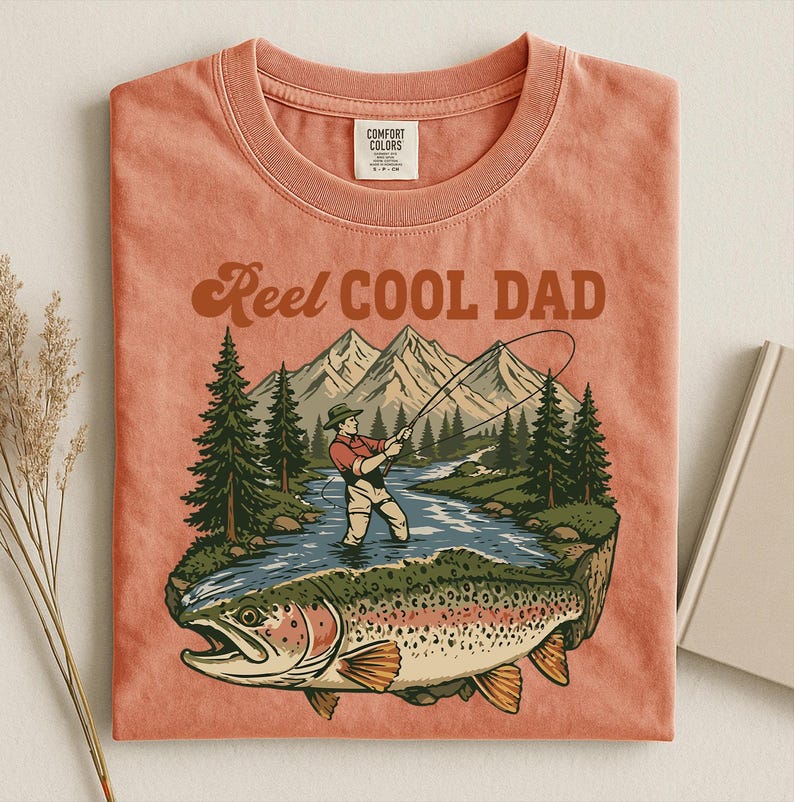 May include: Coral-colored t-shirt with a graphic of a fisherman in a river, mountains, and a large fish. Text reads "Reel Cool Dad" in brown script. The shirt has a classic crew neck and a tag at the top.