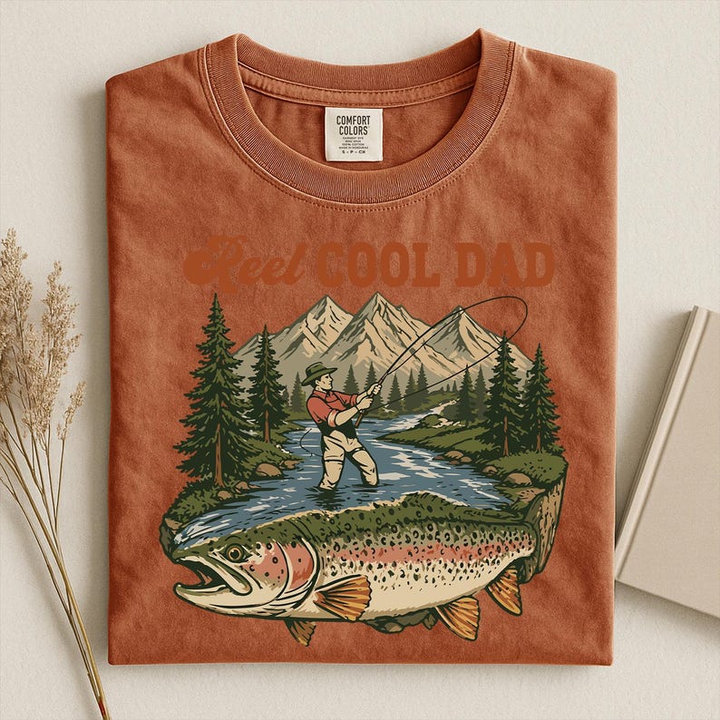 May include: Burnt orange t-shirt with a graphic of a fisherman fishing in a river, with a large trout in the foreground. The text "Reel Cool Dad" is arched above the graphic. The shirt is folded.