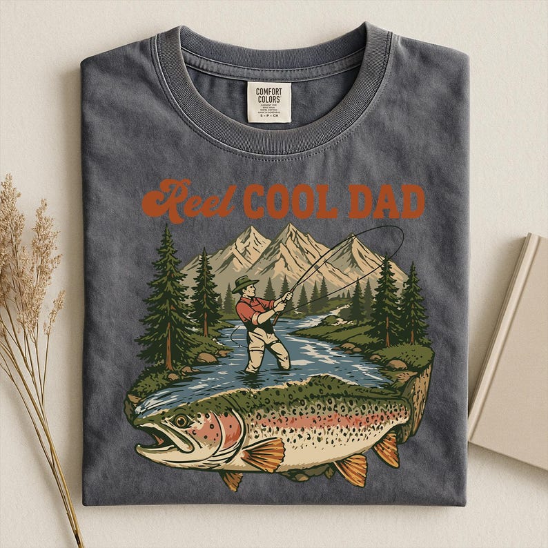 May include: Dark gray t-shirt with the text "Reel Cool Dad" in orange. The graphic features a fisherman in a river with a large trout, mountains, and trees. The shirt is a Comfort Colors brand.