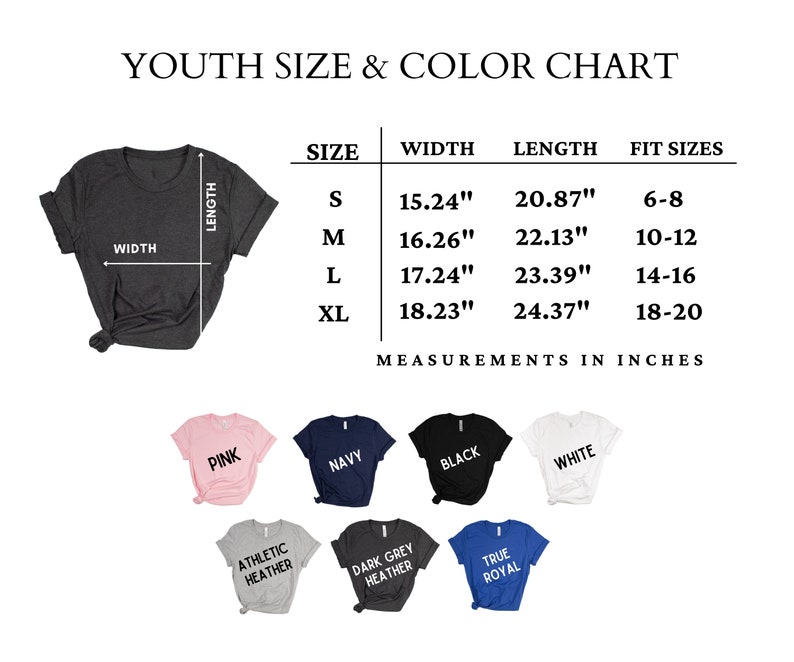 Op de afbeelding: Maattabel en kleurenkaart voor T-shirts voor jongeren. De tabel toont de breedte- en lengtemaat in inches voor de maten S, M, L en XL. De tabel toont ook de bijbehorende pasvormen voor elke maat. De beschikbare kleuren zijn roze, marine, zwart, wit, atletisch grijs, donker grijs en koninklijk blauw.