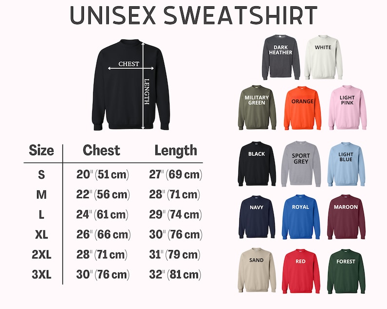 Puede incluir: Tabla de tallas de sudadera unisex con medidas en pulgadas y cent&iacute;metros. La tabla muestra las medidas de pecho y largo para las tallas S, M, L, XL, 2XL y 3XL. La tabla tambi&eacute;n muestra los diferentes colores disponibles para la sudadera, incluyendo negro, blanco, gris oscuro, verde militar, naranja, rosa claro, gris deportivo, azul claro, azul marino, azul real, granate, arena, rojo y verde bosque.