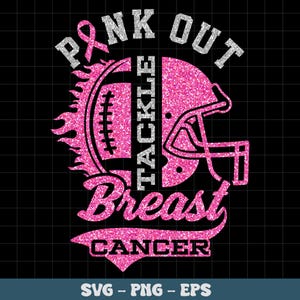 Puede incluir: Diseño gráfico rosa y plateado sobre fondo negro. El diseño incluye un balón de fútbol, un casco y una cinta rosa, con las palabras "Pink Out" y "Tackle Breast Cancer". El diseño es de estilo brillante.