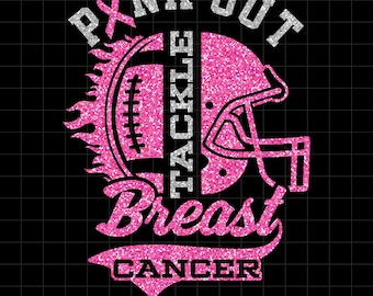 Puede incluir: Diseño gráfico rosa y plateado sobre fondo negro. El diseño incluye un balón de fútbol, un casco y una cinta rosa, con las palabras "Pink Out" y "Tackle Breast Cancer". El diseño es de estilo brillante.
