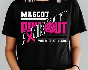 May include: Black t-shirt with the words "MASCOT PINK OUT" in white and pink, featuring a pink volleyball and a pink ribbon. The text "YOUR TEXT HERE" is below the main text. The shirt also includes SVG, PNG, EPS, and DXF file formats.