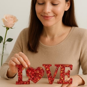 Letrero de AMOR personalizado de resina – Regalo romántico hecho a mano con lámina de oro rojo – Decoración para el hogar para aniversario o San Valentín