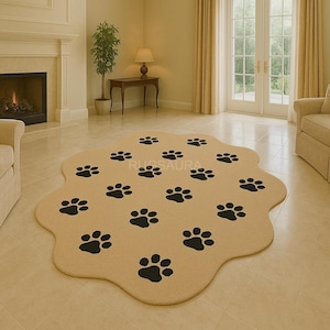 Handmade Wool Paw Print Rug: Beige Pet Lover Carpet