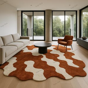 Handmade Ivory & Rust Wool Rug: Abstract Area Carpet, Custom Size