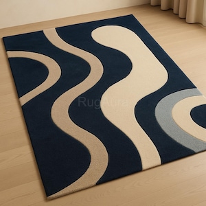 Handmade Navy Blue Abstract Wool Rug: Beige Accents, Custom Sizes