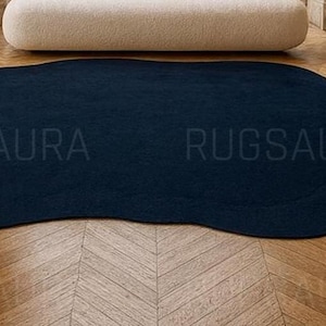 Handmade Navy Blue Wool Rug: Modern Organic Abstract Carpet