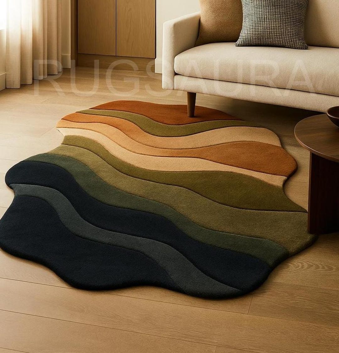 Retro Wavy Wool Rug | Earth Tone Abstract Area Rug - Etsy