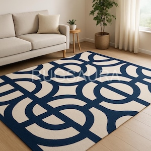 Hand-Tufted Navy Blue Wool Rug: Modern Geometric Design