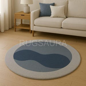 Modern Round Blue & Grey Abstract Rug – Hand-Tufted Wool Carpet 3x3 ft 4x4 ft 5x5 ft  8x8 ft Wavy Pattern Accent for Living Room or Bedroom