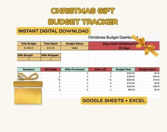 May include: A digital Christmas gift budget tracker with a gold gift box graphic. The spreadsheet shows budget details, including total budget, total spent, and budget status. Text includes "Instant Digital Download" and "Google Sheets + Excel."