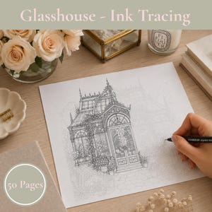 May include: A white sheet of paper featuring a detailed black ink line drawing of a Victorian-style glasshouse with ornate architectural details, surrounded by potted plants and foliage, being traced with a black fine-liner pen.