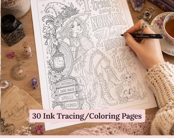 May include: A black and white colouring page featuring a witch wearing a floral hat, holding a lantern, and sitting on a stack of books labelled Potions, Dark Magic, Spells, and Curses. The text reads I tried being NORMAL 2 Worst MINUTES of my life.
