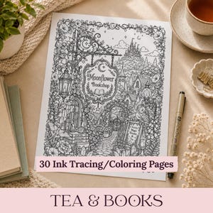 Può includere: Una pagina da colorare in bianco e nero con un'illustrazione dettagliata della Moonflower Bookshop con un'insegna appesa, un castello sullo sfondo, viti fiorite, una falena e un sentiero. Il testo 30 Ink Tracing/Coloring Pages è stampato in basso.