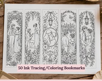 May include: A white sheet featuring five vertical black and white line art bookmarks with intricate floral borders and romantic scenes of couples in historical attire. The text 50 Ink Tracing/Colouring Bookmarks and PRIDE & PREJUDICE is printed.