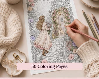 May include: A colouring page featuring a line art illustration of a person with long hair walking towards a cottage covered in roses, with a cat by the door, a full moon in the sky, and floral borders. The text 50 Coloring Pages is printed below.
