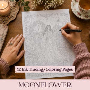 May include: A white sheet of paper featuring a detailed black ink line drawing of a woman in a long gown standing in a garden with lanterns, stars, and a castle. The text 12 Ink Tracing/Colouring Pages is printed on the bottom of the page.