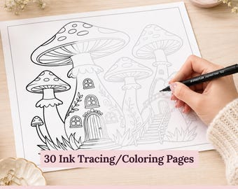 May include: A white sheet of paper featuring black ink line art of multiple mushroom-shaped houses with windows, doors, and stairs. The text 30 Ink Tracing/Coloring Pages and FAIRY HOMES is printed on the image. A black fine-liner pen is visible.
