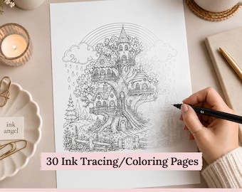 May include: A white sheet of paper featuring a detailed black ink line drawing of a multi-level treehouse village with houses nestled in branches, a rainbow, and clouds. The text 30 Ink Tracing/Colouring Pages and FAIRY VILLAGES is visible.