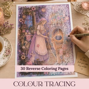 Peut inclure: Une page de livre de coloriage intitulée 30 Reverse Coloring Pages présentant une illustration détaillée d'une personne balayant près d'une cheminée avec un cerf, des lapins et un écureuil, entourée de bordures florales dans des tons violets et roses.
