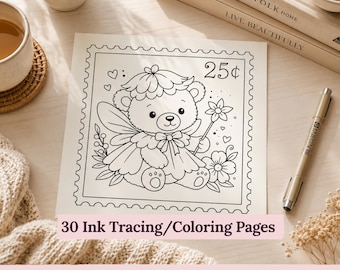 May include: A square coloring page featuring a black and white line drawing of a teddy bear dressed as a fairy with wings, holding a flower wand. The design is framed like a postage stamp with the text 25c in the corner. The page is labeled 30 Ink Tracing/Coloring Pages and ANIMAL STAMPS.