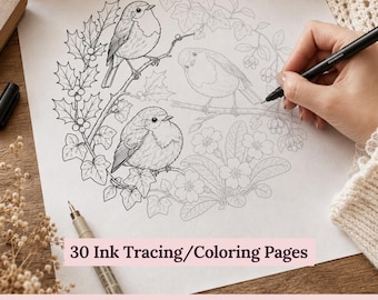 May include: A white sheet of paper featuring a black ink line drawing of three birds perched on branches surrounded by holly and flowers. The text 30 Ink Tracing/Coloring Pages is printed at the bottom. A black pen is held over the paper.