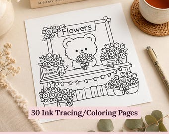 May include: A white colouring page featuring a black line drawing of a bear standing behind a flower shop counter. The sign above reads Flowers and a small sign on the counter reads Fresh Flowers. The bear holds a bouquet of flowers.