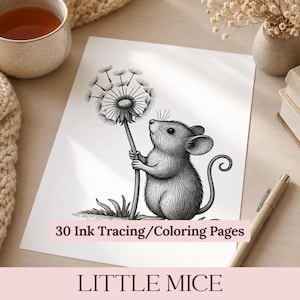 Peut inclure: Une feuille de papier blanche présentant une illustration à l'encre noire et blanche d'une petite souris tenant un pissenlit. Le texte 30 Ink Tracing/Coloring Pages et LITTLE MICE est imprimé sur l'image en couleur marron foncé.