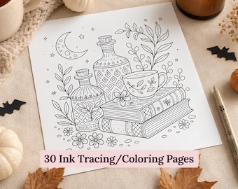 May include: A white coloring page featuring black ink line art of two patterned potion bottles, a teacup, and a stack of two books. The illustration includes a crescent moon, stars, and leafy branches. The text 30 Ink Tracing/Coloring Pages and BOOKS & POTIONS is visible.