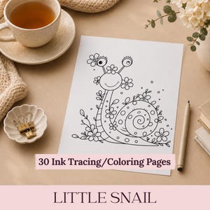 Pode incluir: Uma folha de papel branca com um desenho a tinta preta de um caracol decorado com flores e uma concha em espiral. O texto 30 Ink Tracing/Coloring Pages e LITTLE SNAIL está impresso na folha de papel.
