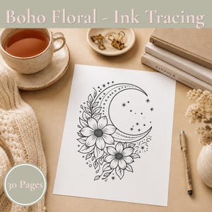 Boho Floral Moons - 30 Mindful Ink Tracing Patterns - Digital Download