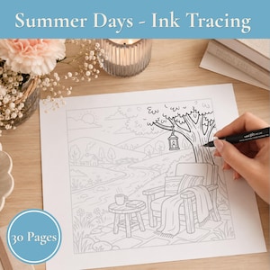 May include: A white paper sheet featuring a black ink line drawing of a summer landscape with a cozy armchair, a small side table, a tree with a hanging lantern, and a river scene. A black pen is shown tracing the lines of the tree trunk.