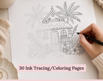May include: A white sheet of paper featuring a black ink line drawing of a tropical beach hut surrounded by palm trees and flowers. The text 30 Ink Tracing/Colouring Pages and BEACH HUTS is printed on the page. A black pen is held over the paper.