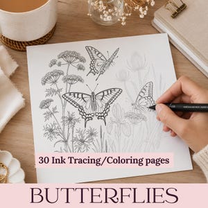 Peut inclure: Une feuille de papier blanche présentant des dessins au trait à l'encre noire de papillons et de fleurs sauvages. Le texte 30 Ink Tracing/Coloring pages est imprimé en bas. Un stylo noir trace le contour de l'aile d'un papillon.