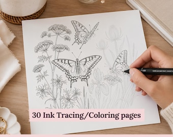 May include: A white sheet of paper featuring black ink line drawings of butterflies and various wildflowers. The text 30 Ink Tracing/Colouring pages is printed at the bottom. A black pen is shown in the process of tracing the butterfly wing.